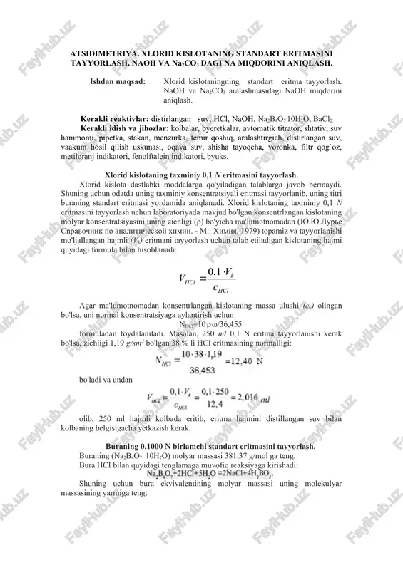 xlorid kislotaning standart eritmasini tayyorlash — DOCX