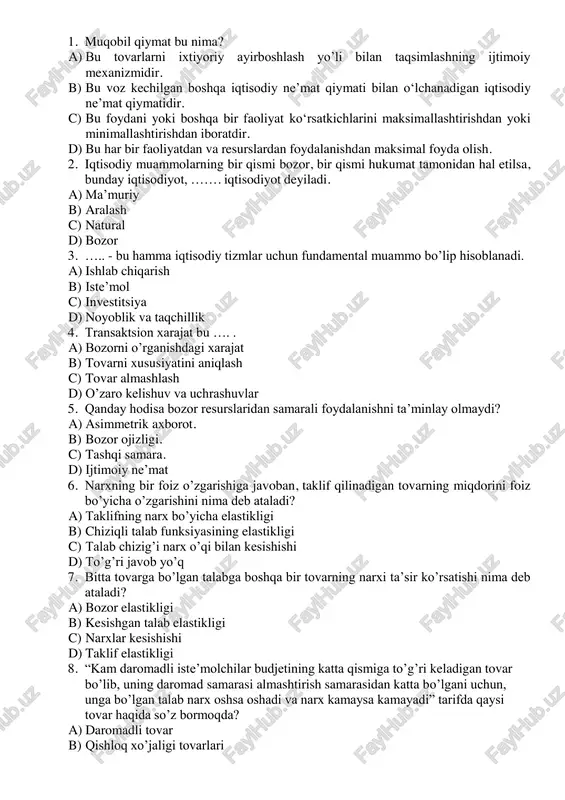 iqtisodiyot sinovi savollari — PDF