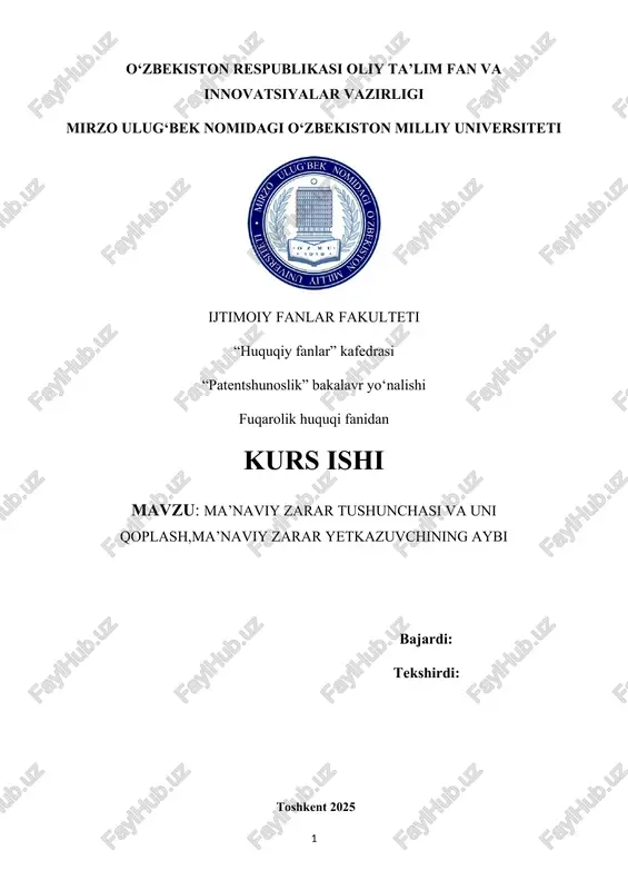 ma’naviy zarar tushunchasi va uni qoplash — DOCX