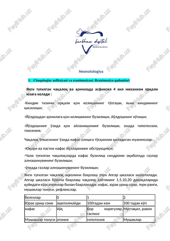 neonotologiya. chaqaloqlar asfiksiyasi va reanimasiyasi. reanimatsiya qadamlari — DOCX