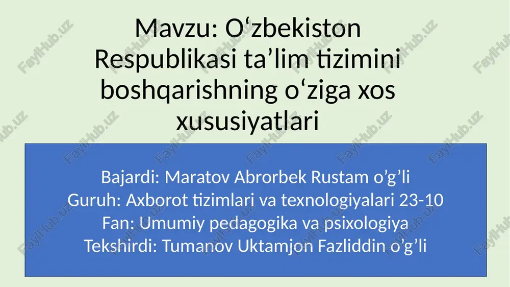 o‘zbekiston respublikasi ta’lim tizimini boshqarishning o‘ziga xos xususiyatlari — PPTX