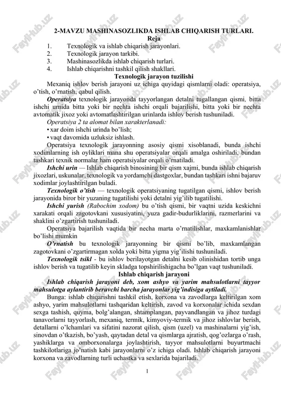 mavzu mashinasozlikda ishlab chiqarish turlari — DOCX