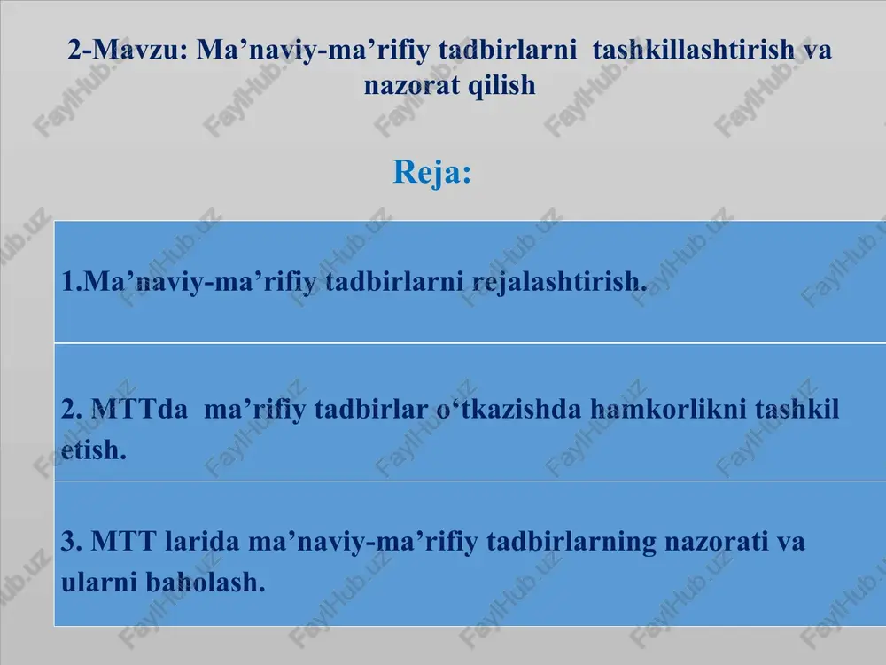 ma’naviy-ma’rifiy tadbirlarni tashkillashtirish va nazorat qilish — PPT