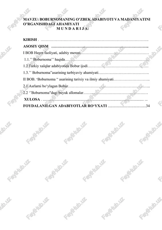 boburnomaning o'zbek adabiyoti va madaniyatini o'rganishdagi ahamiyati — DOCX