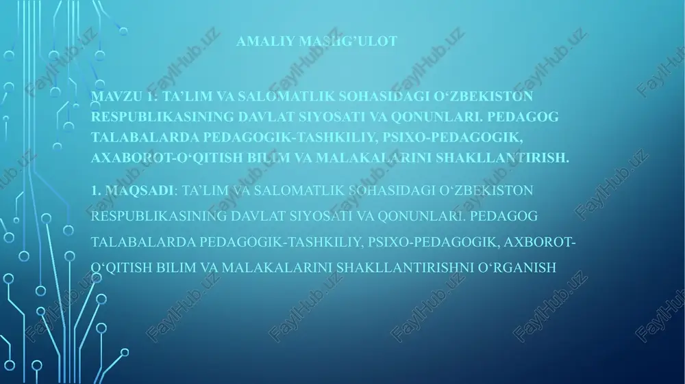 ta’lim va salomatlik sohasidagi o‘zbekiston respublikasining davlat siyosati va qonunlari — PPTX