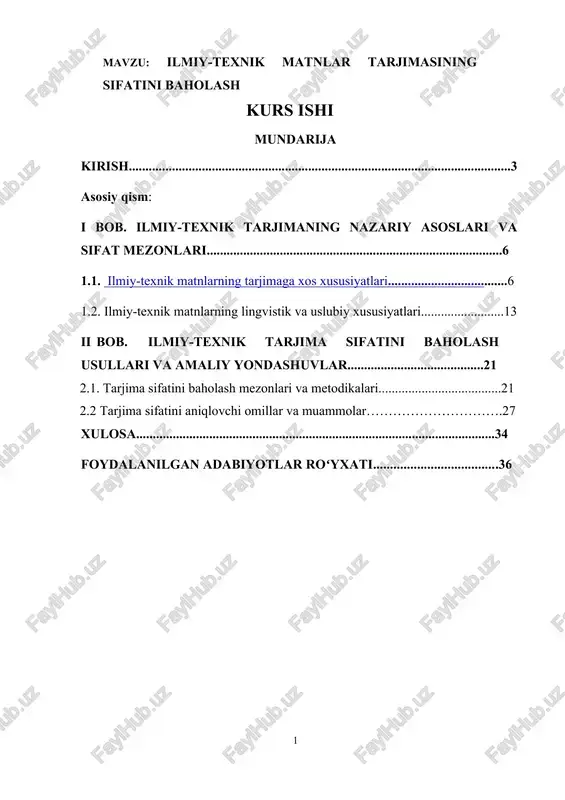 ilmiy-texnik matnlar tarjimasining sifatini baholash kurs ishi — DOCX
