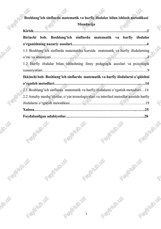 boshlang'ich sinflarda matematik va harfiy ifodalar bilan ishlash — DOCX