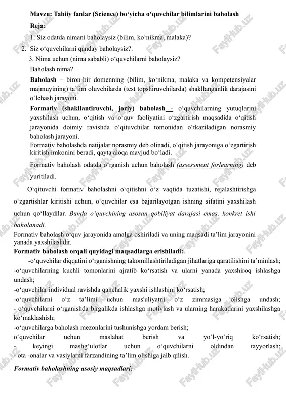 tabiiy fanlar (science) boʻyicha oʻquvchilar bilimlarini baholash — DOCX