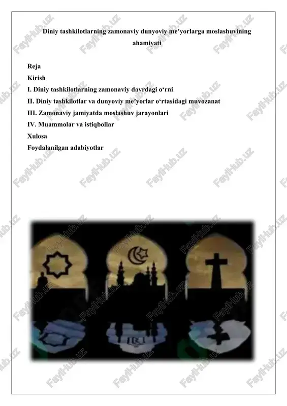 diniy tashkilotlarning zamonaviy dunyoviy meʼyorlarga moslashuvi — DOCX