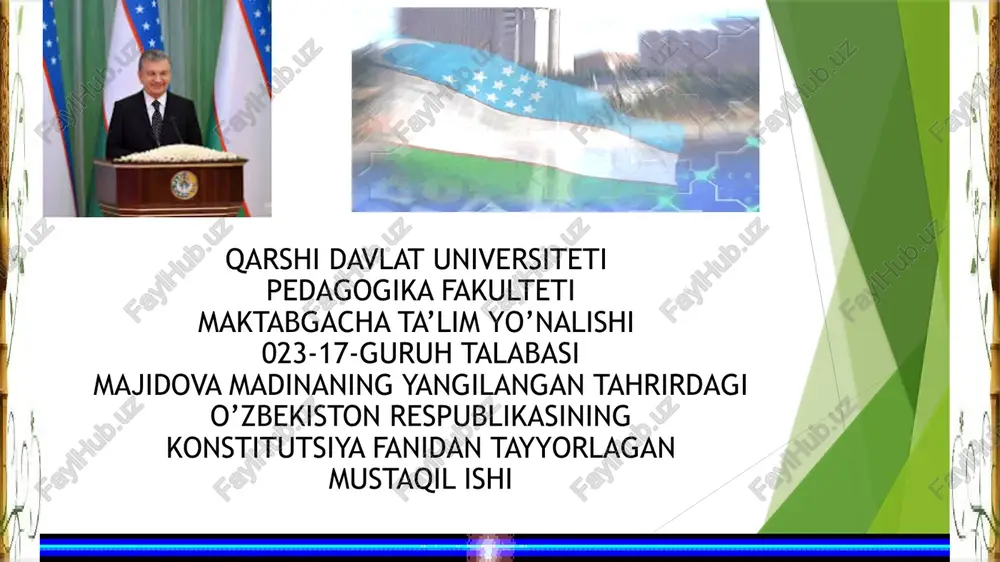o'zbekiston respublikasining konstitutsiya fanidan tayyorlagan mustaqil ishi — PPTX