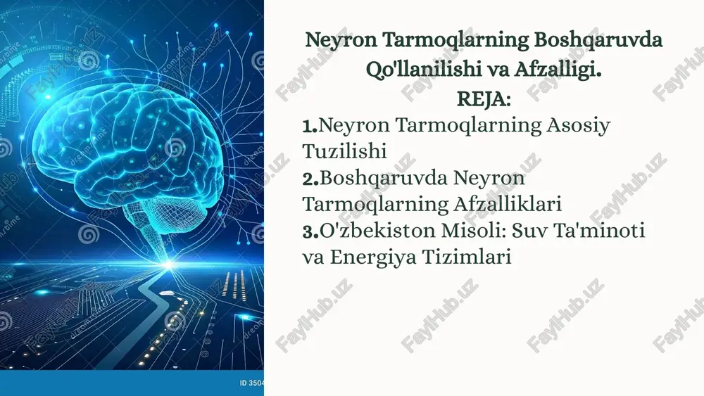 neyron tarmoqlarning boshqaruvda qo'llanilishi va afzalligi — PPTX