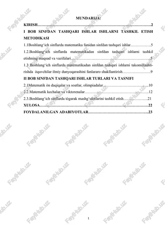 boshlang‘ich sinflarda matematika fanidan sinfdan tashqari ishlar — DOCX