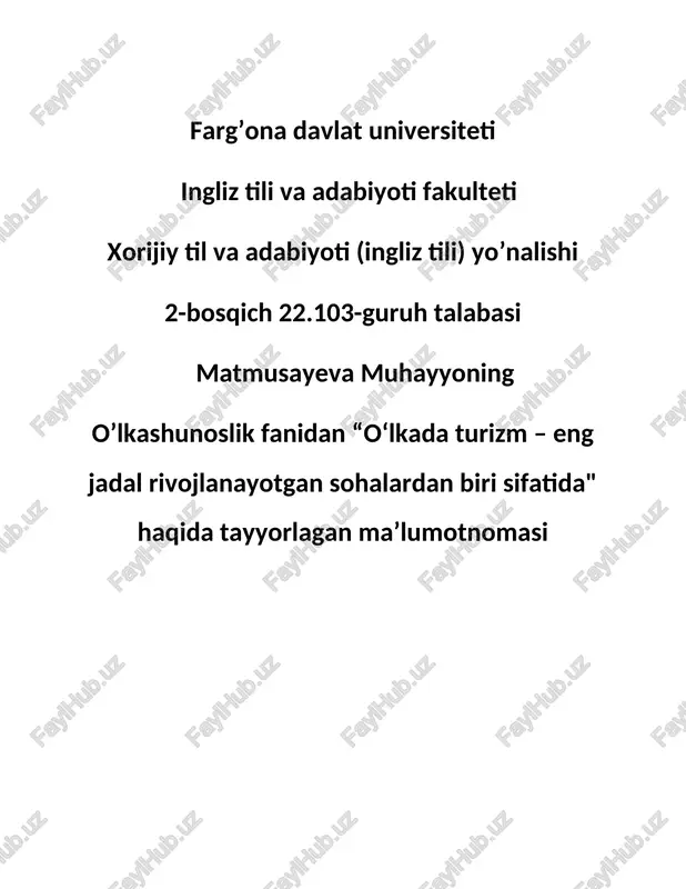 o‘lkada turizm - eng jadal rivojlanayotgan sohalar — DOCX
