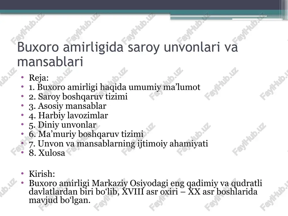 buxoro amirligida saroy unvonlari va mansablari — PPTX