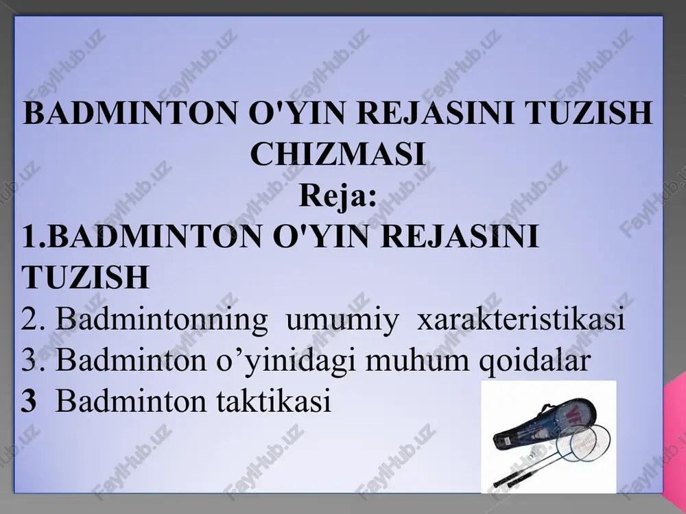 badminton o'yin rejasini tuzish chizmasi — PPT