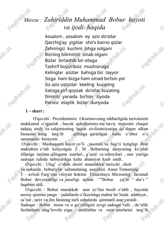 zahiriddin muhammad bobur hayoti va ijodi haqida — DOC