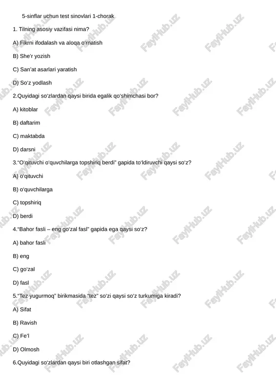 5-sinflar uchun test sinovlari 1-chorak — PDF