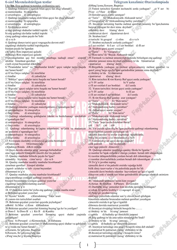 6-sinf mavzulashtirilgan testlar — PDF