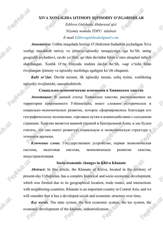 xiva xonligida ijtimoiy iqtisodiy o’zgarishlar — DOCX