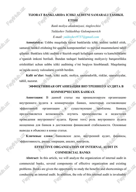tijorat banklarida ichki auditni samarali tashkil etish — DOCX
