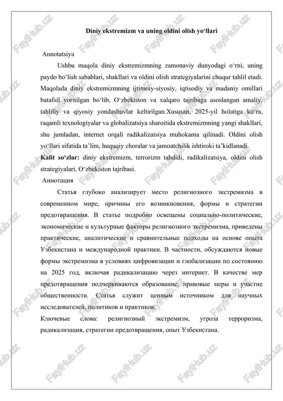 diniy ekstremizm va uning oldini olish yo‘llari — DOCX