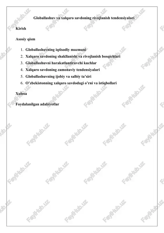 globallashuv va xalqaro savdoning rivojlanish tendensiyalari — DOCX
