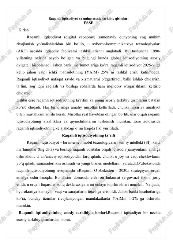 raqamli iqtisodiyot va uning asosiy tarkibiy qisimlari esse — DOCX