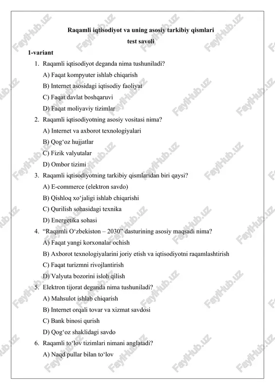 raqamli iqtisodiyot va uning asosiy tarkibiy qismlari — DOCX