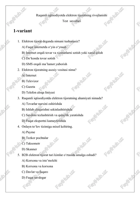 raqamli iqtisodiyotda elektron tijoratning rivojlanishi test savollari — DOCX