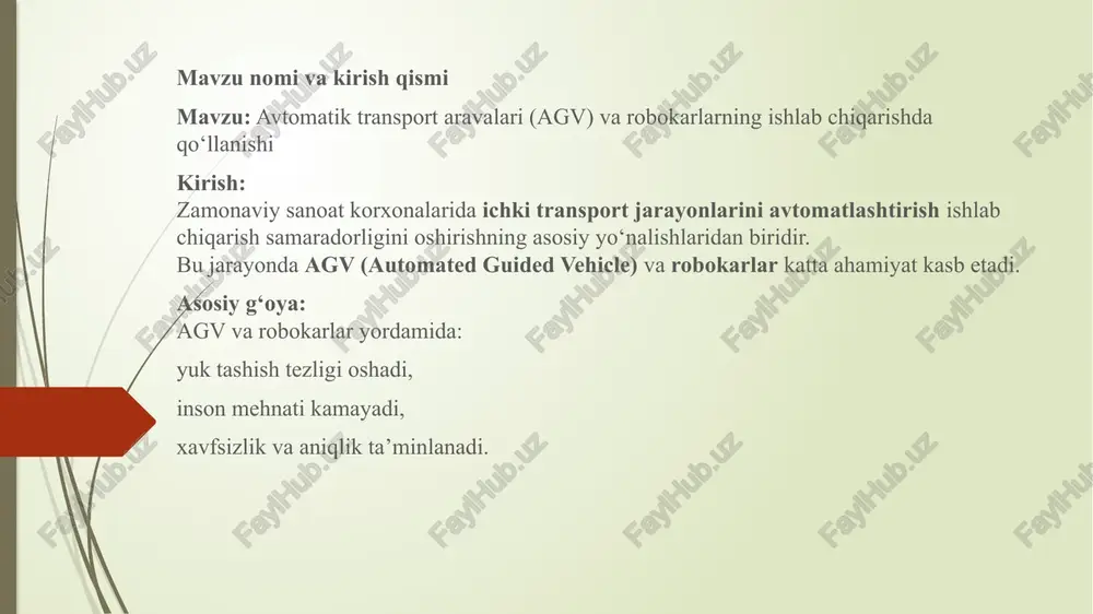 avtomatik transport aravalari (agv) va robokarlarning ishlab chiqarishda qo‘llanishi — PPTX