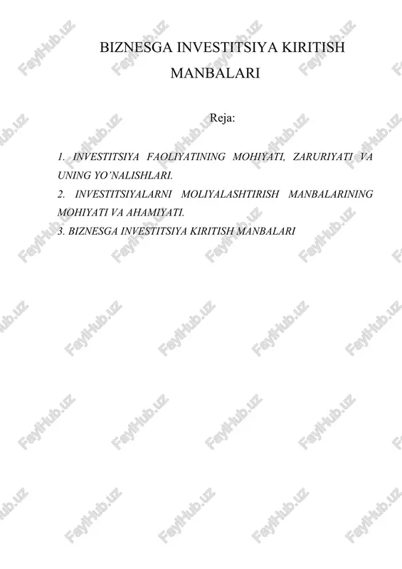biznesga investitsiya kiritish manbalari — DOC