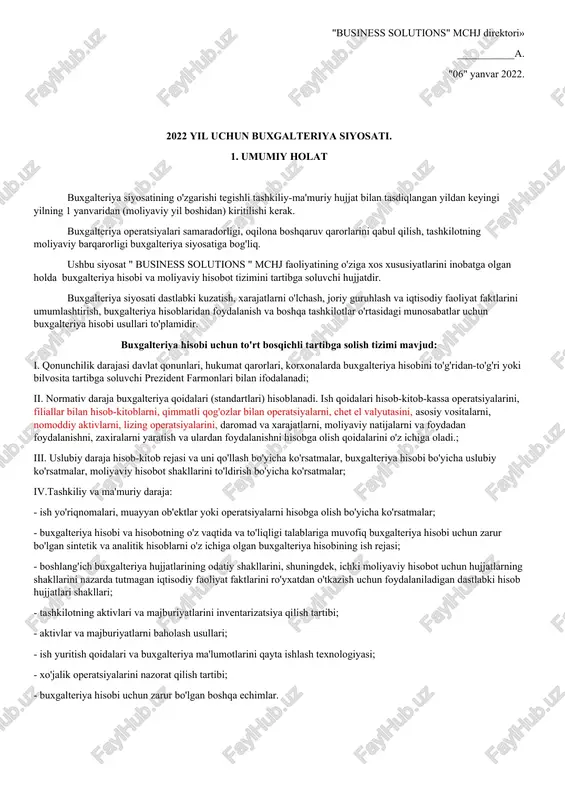 2022 yil uchun buxgalteriya siyosati — DOCX