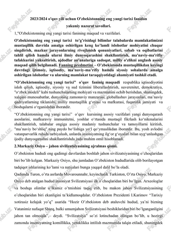 o'zbekistonning eng yangi tarixi fanidan yakuniy nazorat savollari — DOCX