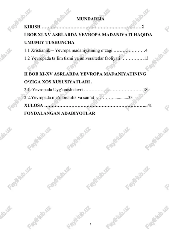 yevropa madaniyatining xi-xv asrlarda o‘ziga xos xususiyatlari — DOCX