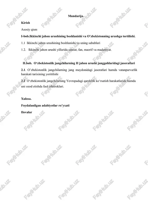 ikkinchi jahon urushining boshlanishi va o’zbekistonning urushga tortilishi — DOCX