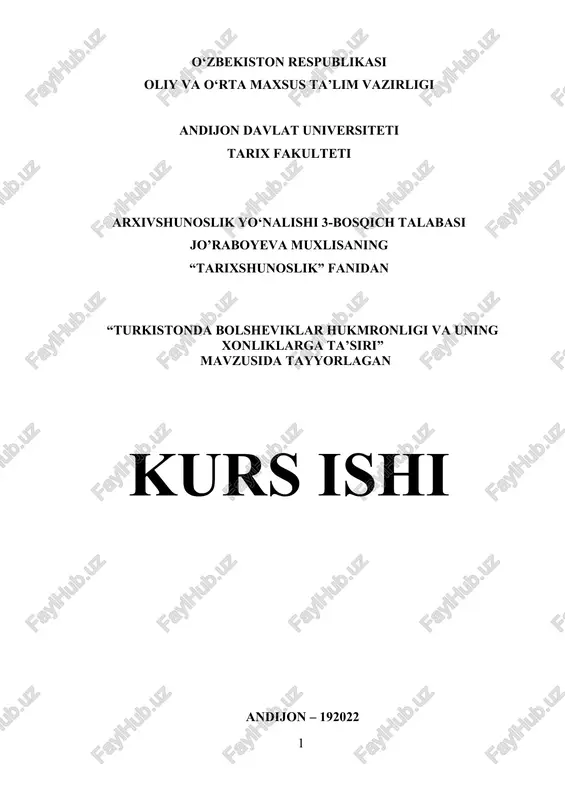 "turkistonda bolsheviklar hukmronligi va uning xonliklarga ta’siri" — DOCX