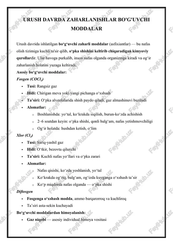 urush davrda zaharlanishlar bo'g'uvchi moddalar — DOCX