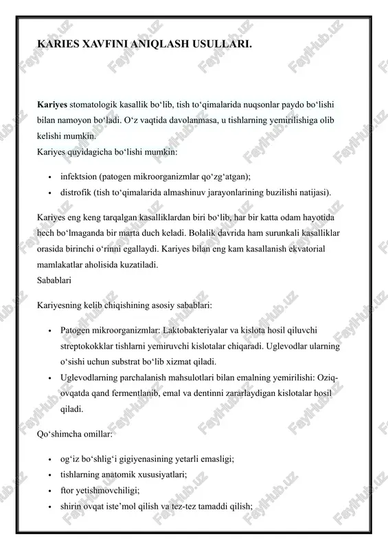 karies xavfini aniqlash usullari — DOCX