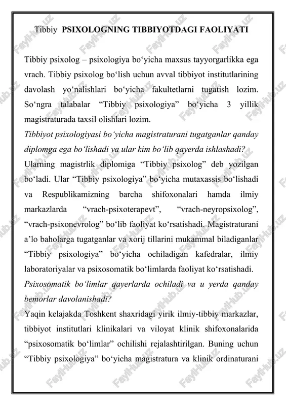 tibbiy psixologning tibbiyotdagi faoliyati — DOCX