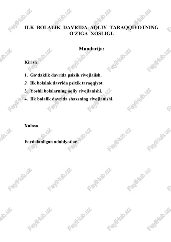 ilk bolalik davrida aqliy taraqqiyotning o'ziga xosligi — DOCX