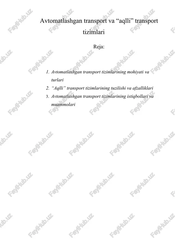 avtomatlashgan transport va “aqlli” transport tizimlari — DOCX