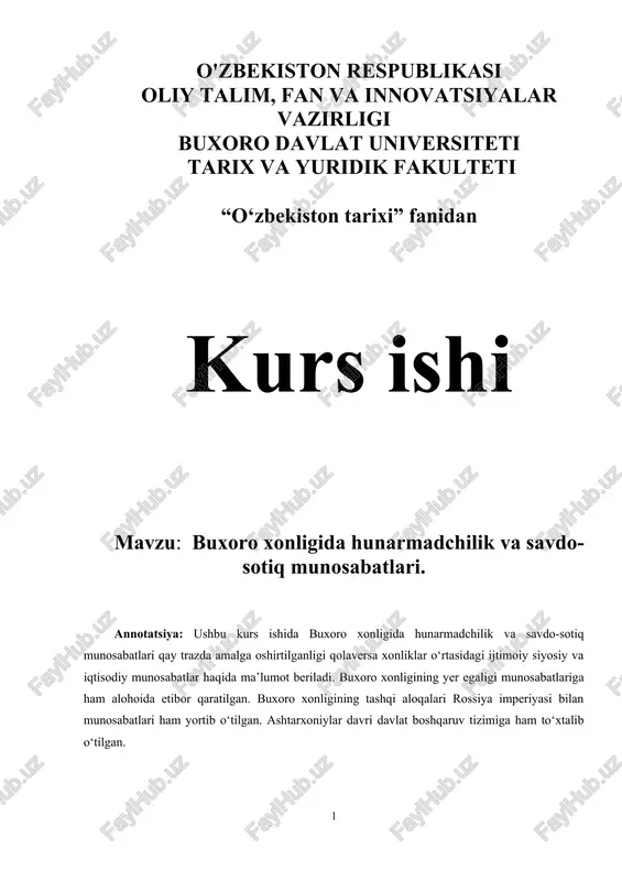 buxoro xonligida hunarmadchilik va savdo-sotiq munosabatlari — DOCX