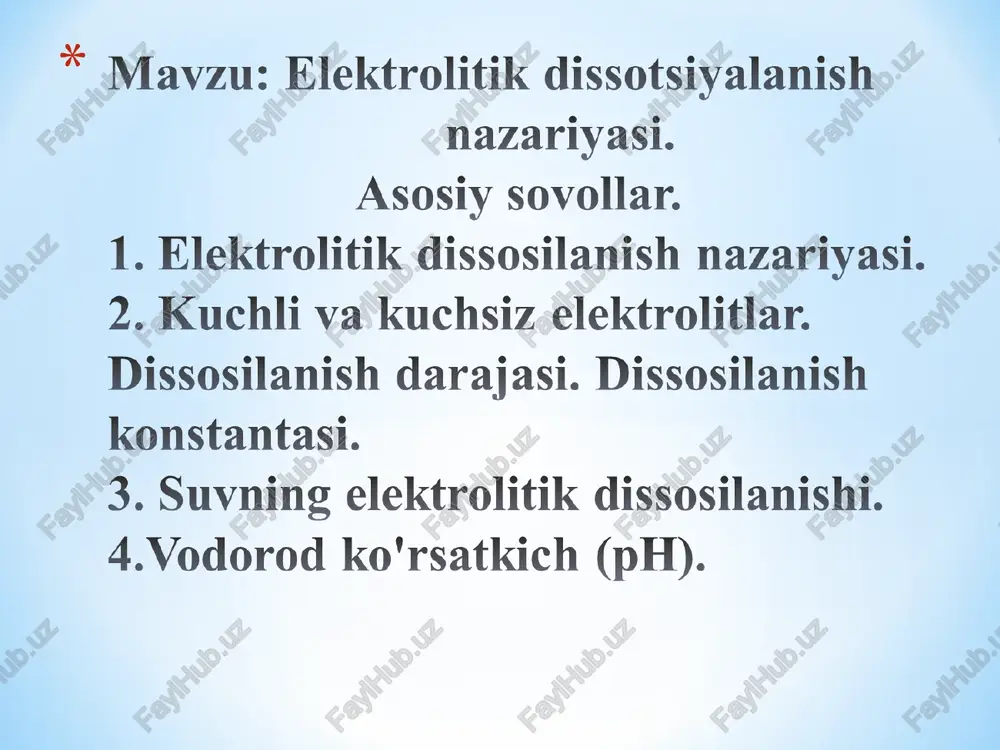 elektrolitik dissotsiyalanish nazariyasi — PPT