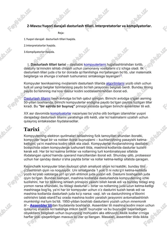 yuqori darajali dasturlash tillari. interpretatorlar va kompilyatorlar — DOCX