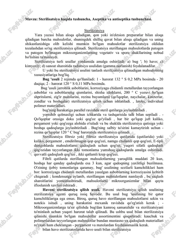 sterilisatsiya haqida tushuncha, aseptika va antiseptika tushunchas — DOCX