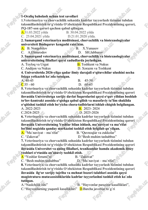 oraliq baholash uchun test savollari — DOCX