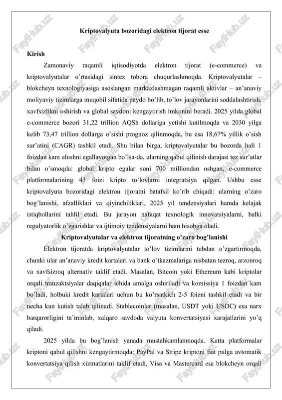 kriptovalyuta bozoridagi elektron tijorat — DOCX