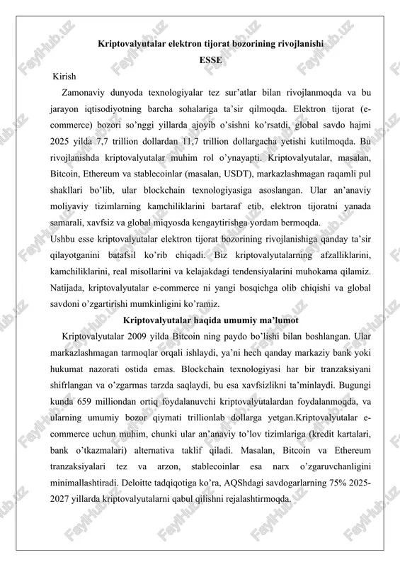 kriptovalyutalar elektron tijorat bozorining rivojlanishi — DOCX