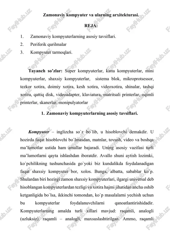 zamonaviy kompyuter va ularning arxitekturasi — DOCX