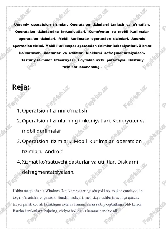 windows 7-ni to'g'ri o'rnatish — DOCX